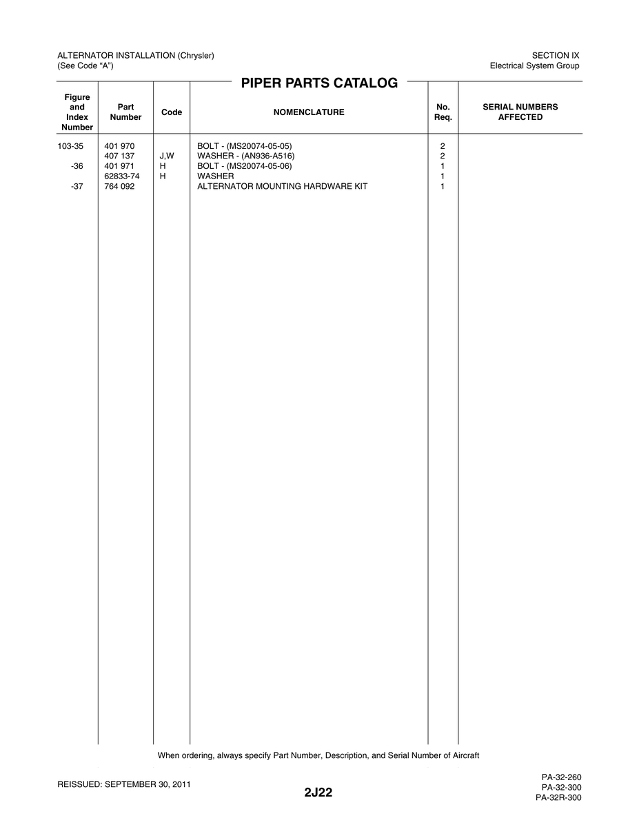 Aviation Part 103-35 for Piper PA-32-260 Aircraft