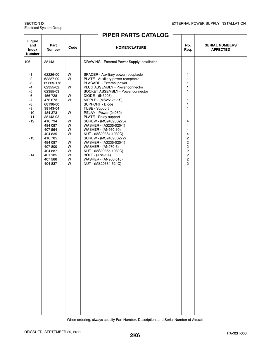 Aviation Part 38143-03 for Piper PA-32-260 Aircraft