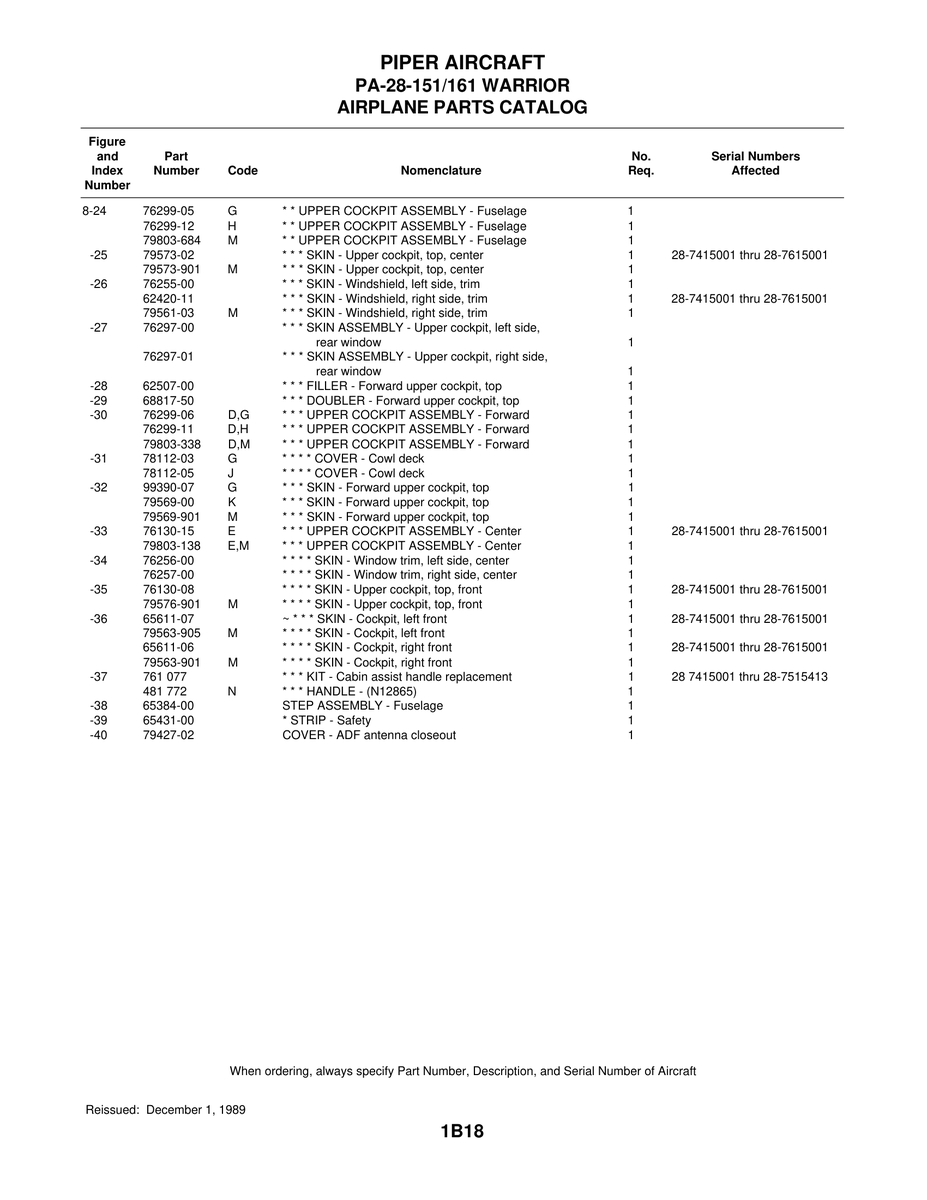 Aviation Part 76130-08 for Piper PA-28-161 Warrior Aircraft