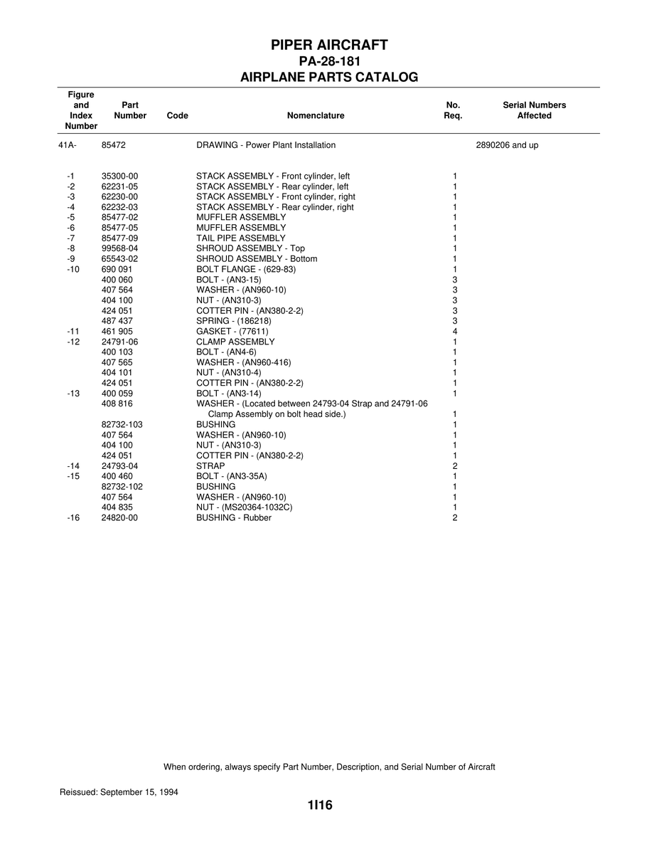 Aviation Part 24791-06 for Piper PA-28-181 Archer Aircraft