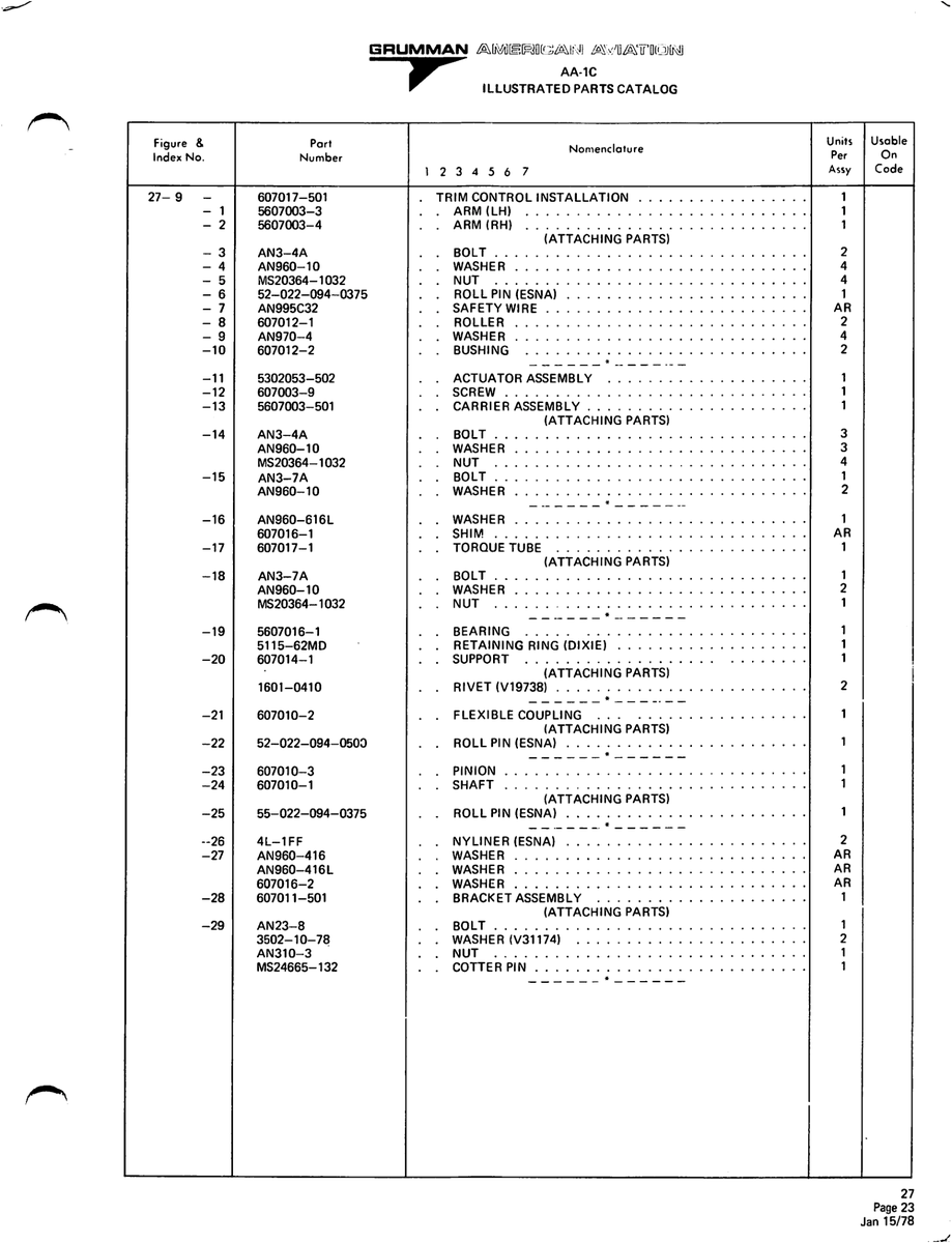 Aviation Part 607010-1 for American AA-1 Aircraft