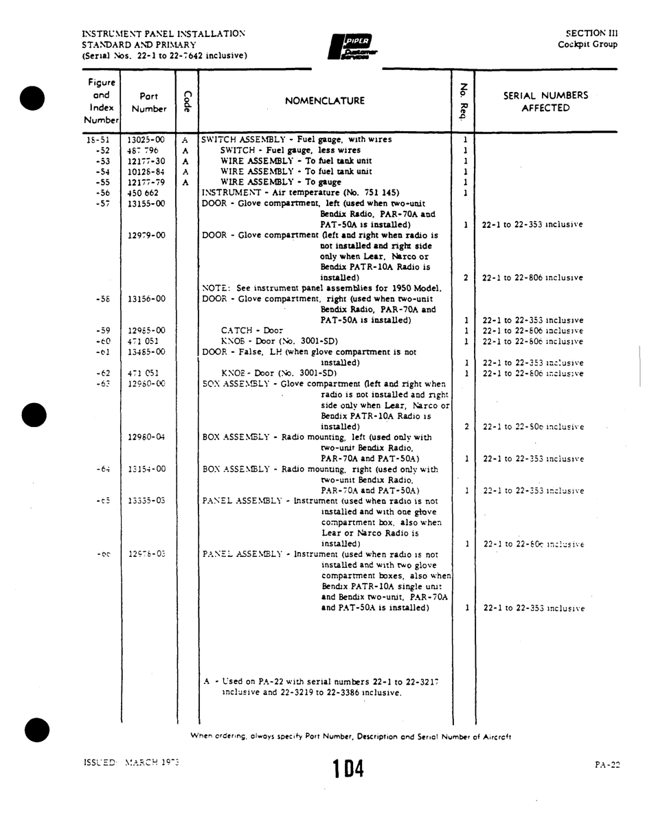 Aviation Part 12177-30 for Piper PA-22 Aircraft