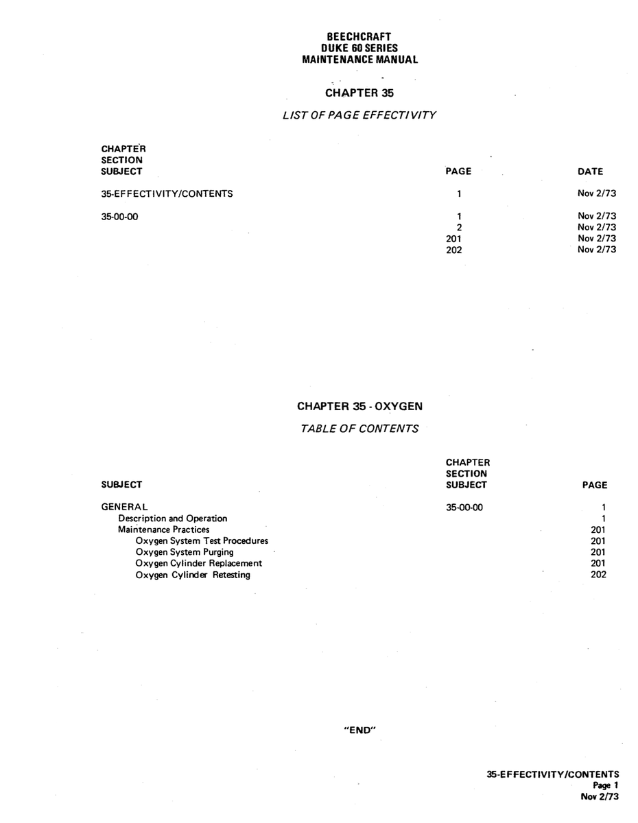Oxygen System Manual Section 35-00-00 for Beechcraft 60 Aircraft