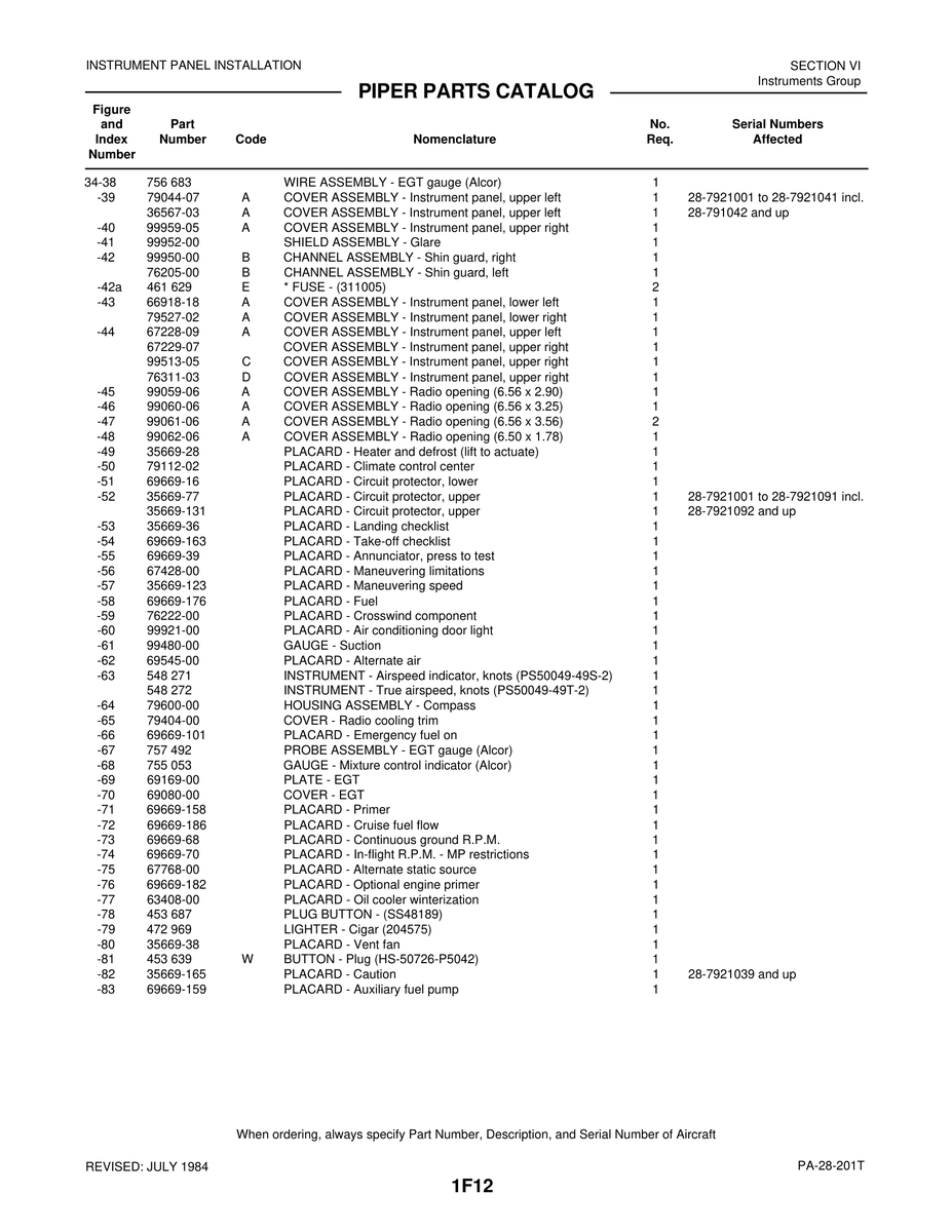 Aviation Part 69669-70 for Piper PA-28 Cherokee Aircraft