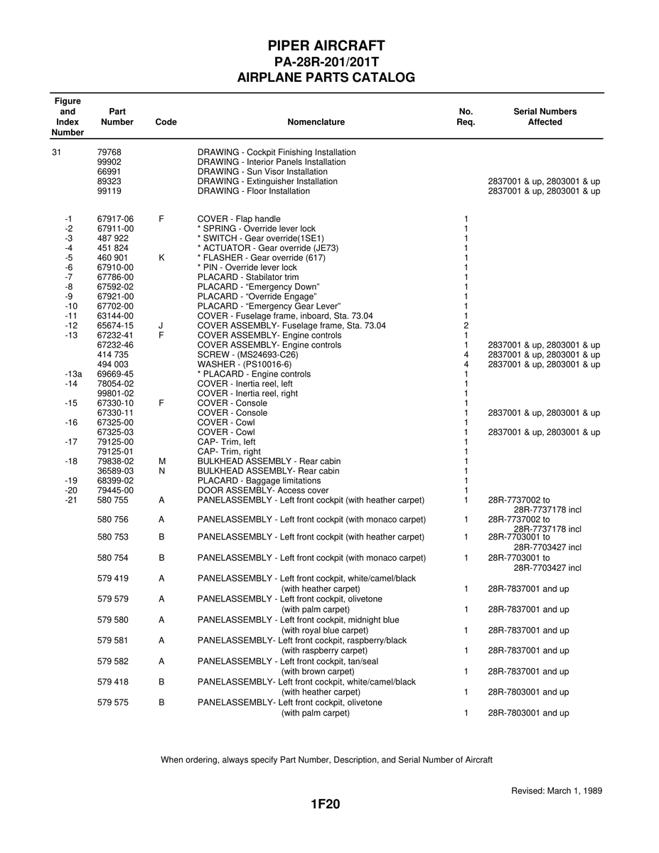 Aviation Part 67911-00 for Piper PA-28 Cherokee Aircraft