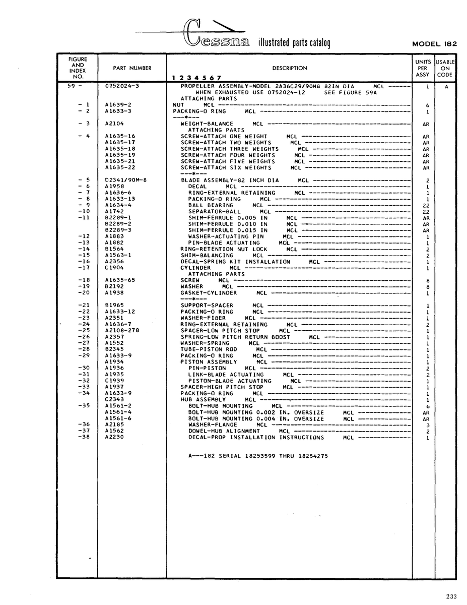 Aviation Part Al934 for Cessna 182 Skylane Aircraft