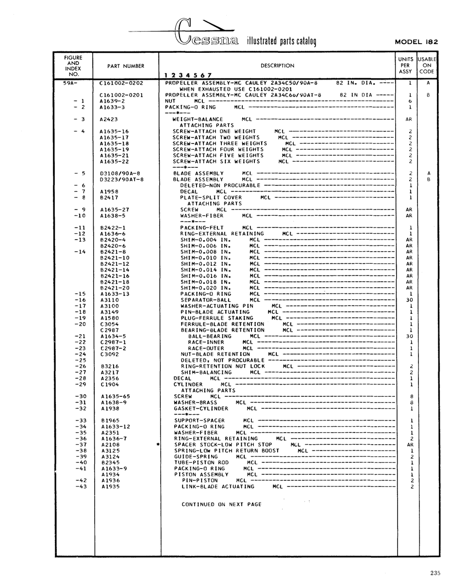 Aviation Part A3110 for Cessna 182 Skylane Aircraft