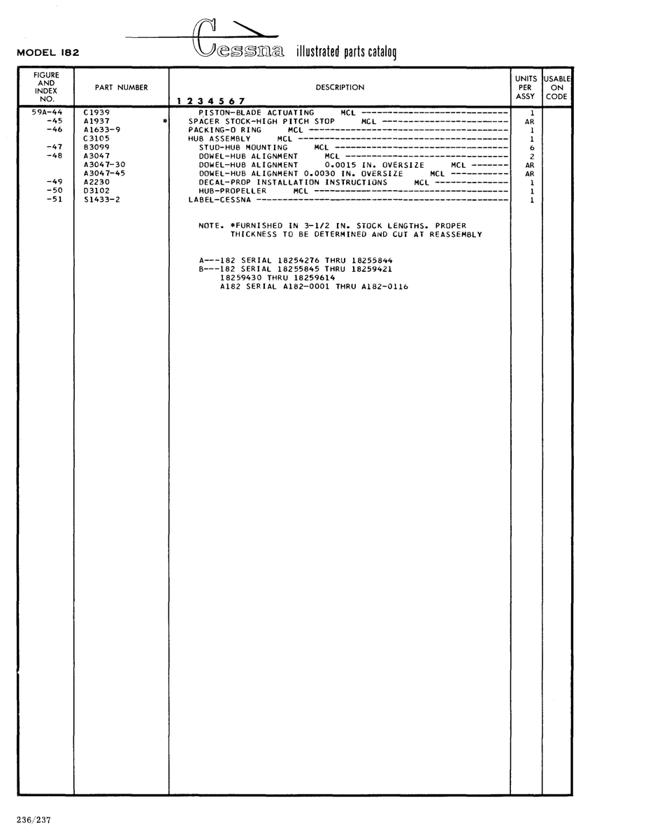 Aviation Part B3099 for Cessna 182 Skylane Aircraft