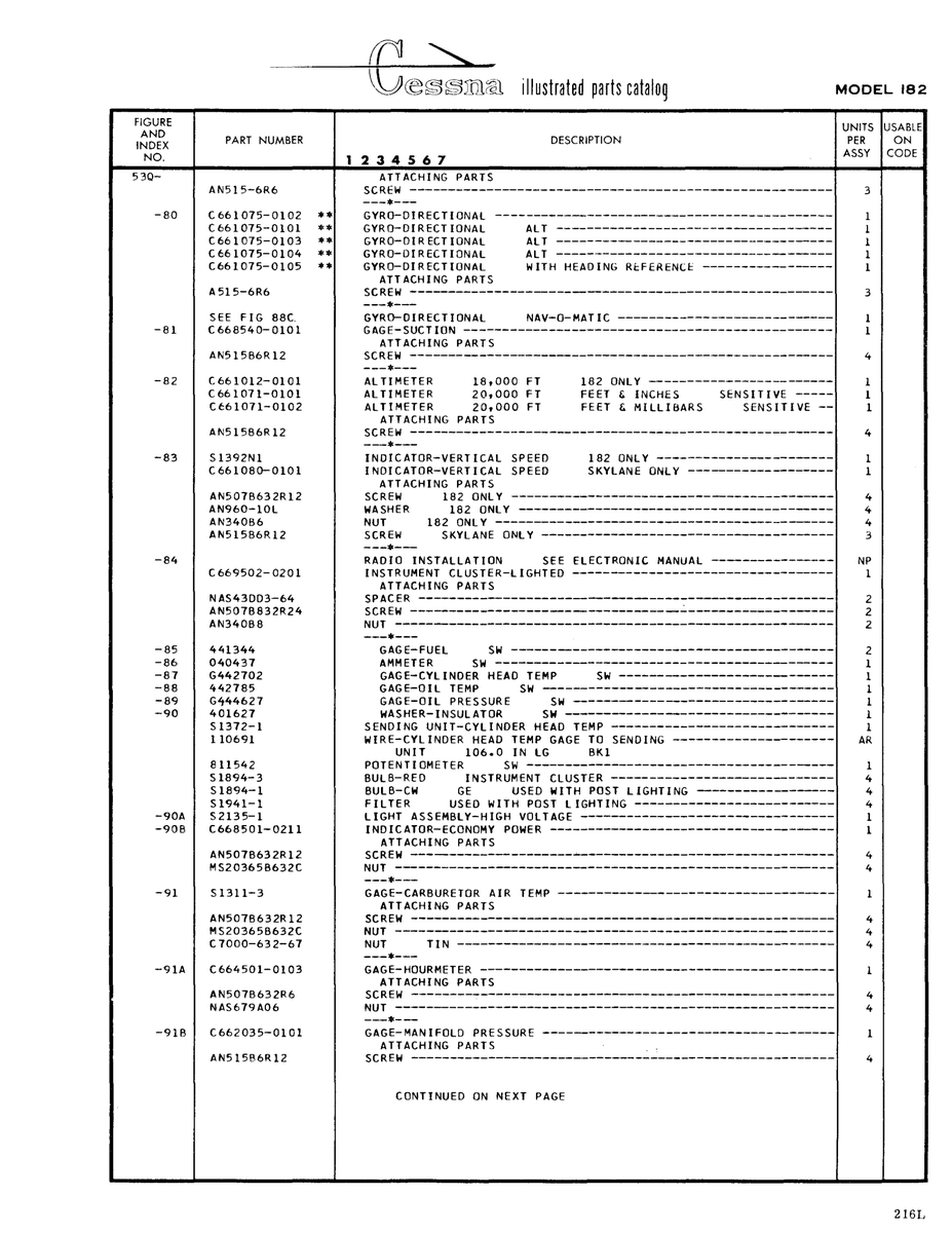 Aviation Part C661012-0101 for Cessna 182 Skylane Aircraft