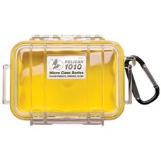 1010 Micro Case/Clear case with yellow liner, Includes: Rubber Liner, Stainless Steel Hardware and Carabiner, Interior Dimensions: 4.37 x 2.87 x 1.68, Exterior Dimensions: 5 7/16 x 4 1/6 x 2 1/8, Water Resistant, Crushproof, and Dust Proof