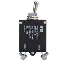 W31-X2M1G-1 Circuit Breaker/1 Amp, AC: 240V, DC: 50V, 50 Vdc, panel mount, 1 pole, toggle actuator, silver, screw termination. Height: 35.15 mm Length: 40.64 mm Width: 17.53 mm 3-1393247-1