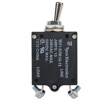 W31X2M1G-15 Circuit Breaker/15 Amp, AC: 240V, DC: 50V, 50 Vdc, panel mount, 1 pole, toggle actuator, silver, screw termination. Height: 35.15 mm Length: 40.64 mm Width: 17.53 mm 3-1393247-3